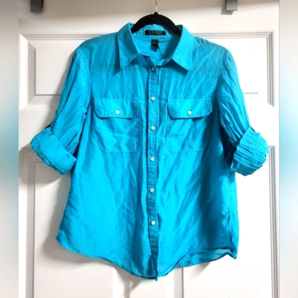 Lauren Ralph Lauren Womens Turquiose Blue Button Up Shirt- Size L